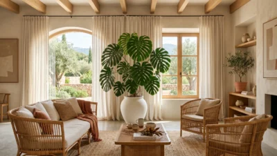Plantas de interior decoración hogar diseño biofílico 2026 salón moderno monstera cerámica