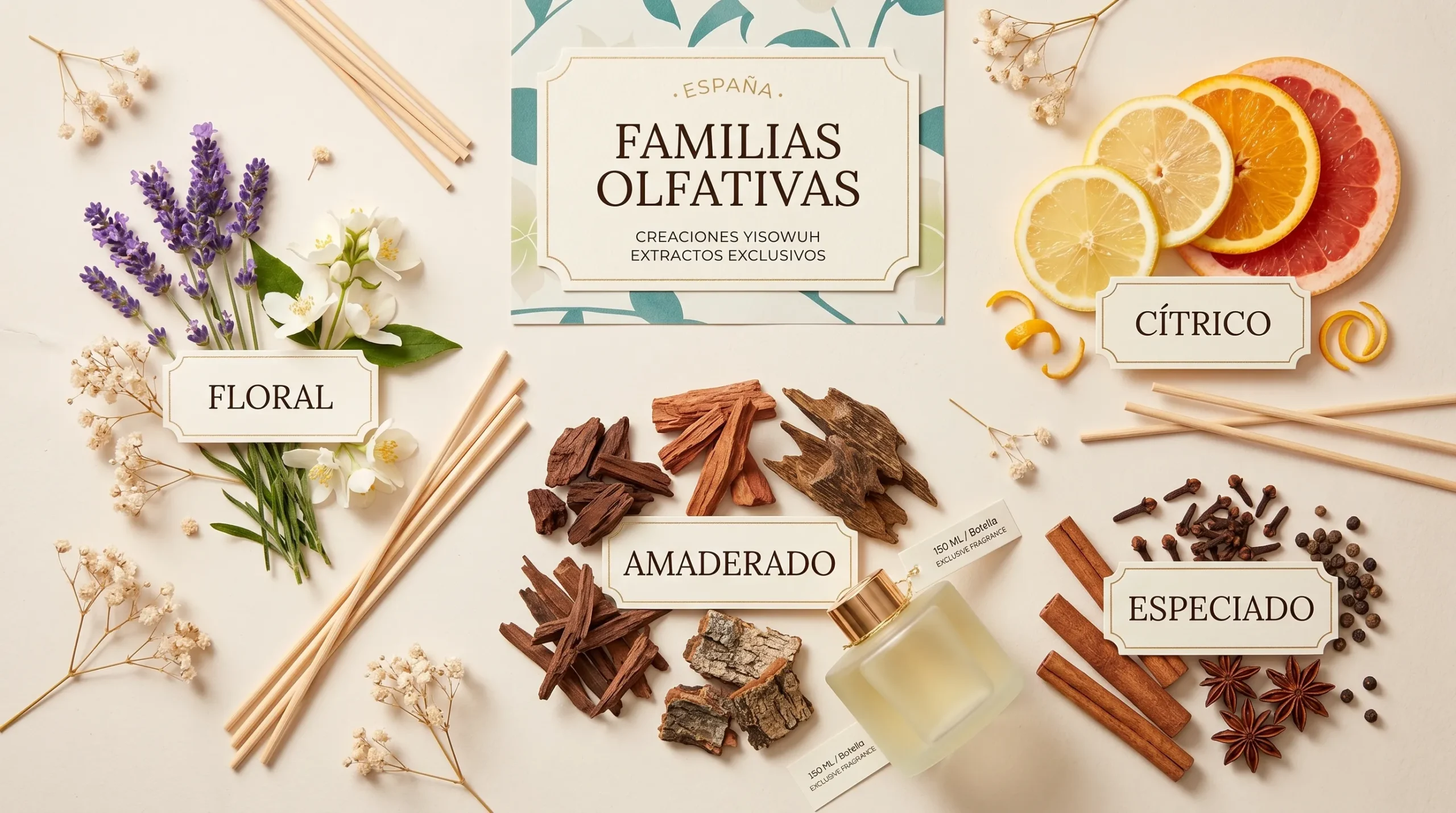 Perfiles olfativos familias aromáticas lavanda jazmín cítricos amaderados especiados hogar