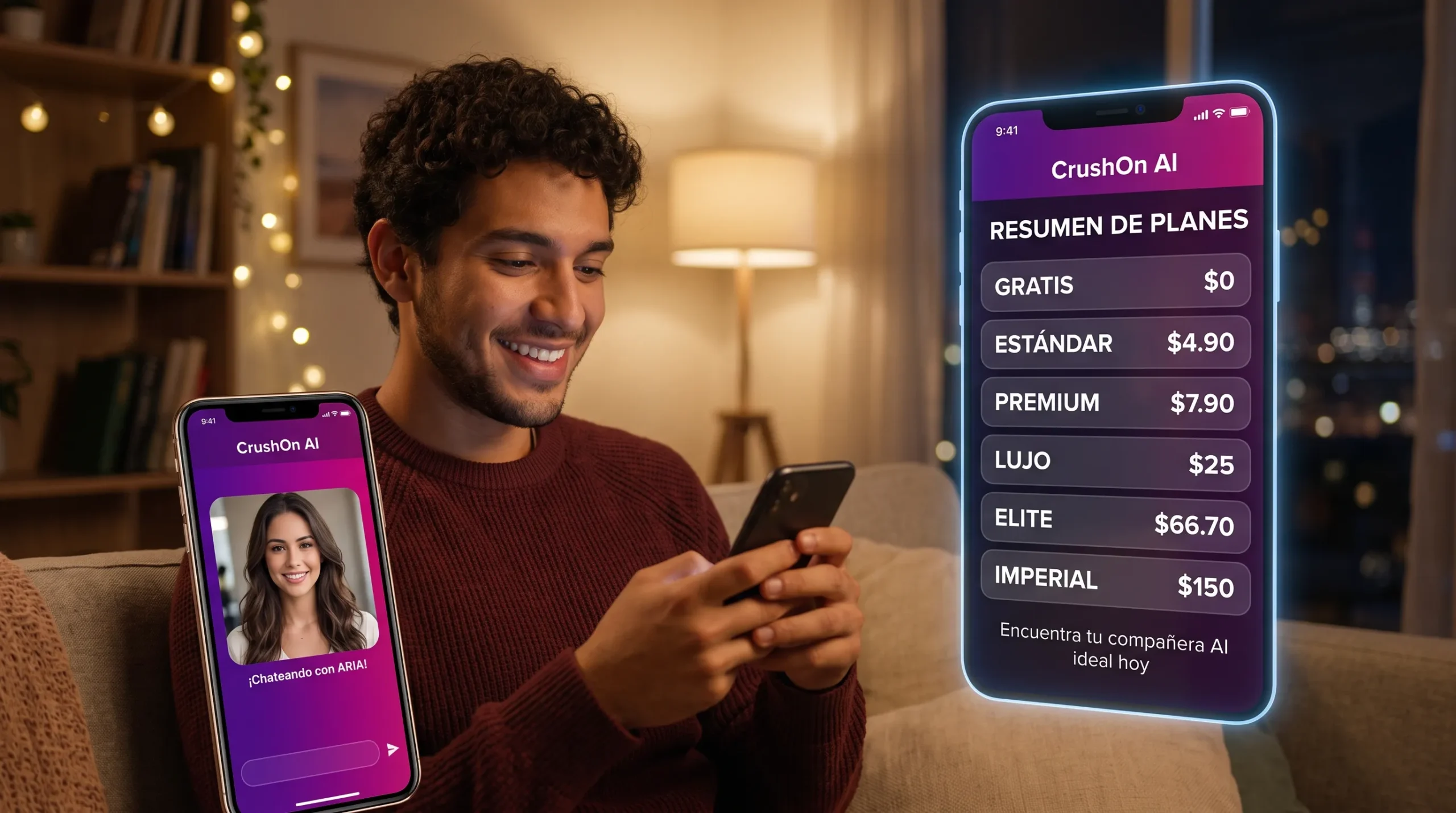 CrushOn AI precio resumen — 6 planes activos desde Free $0 hasta Imperial $150 mes