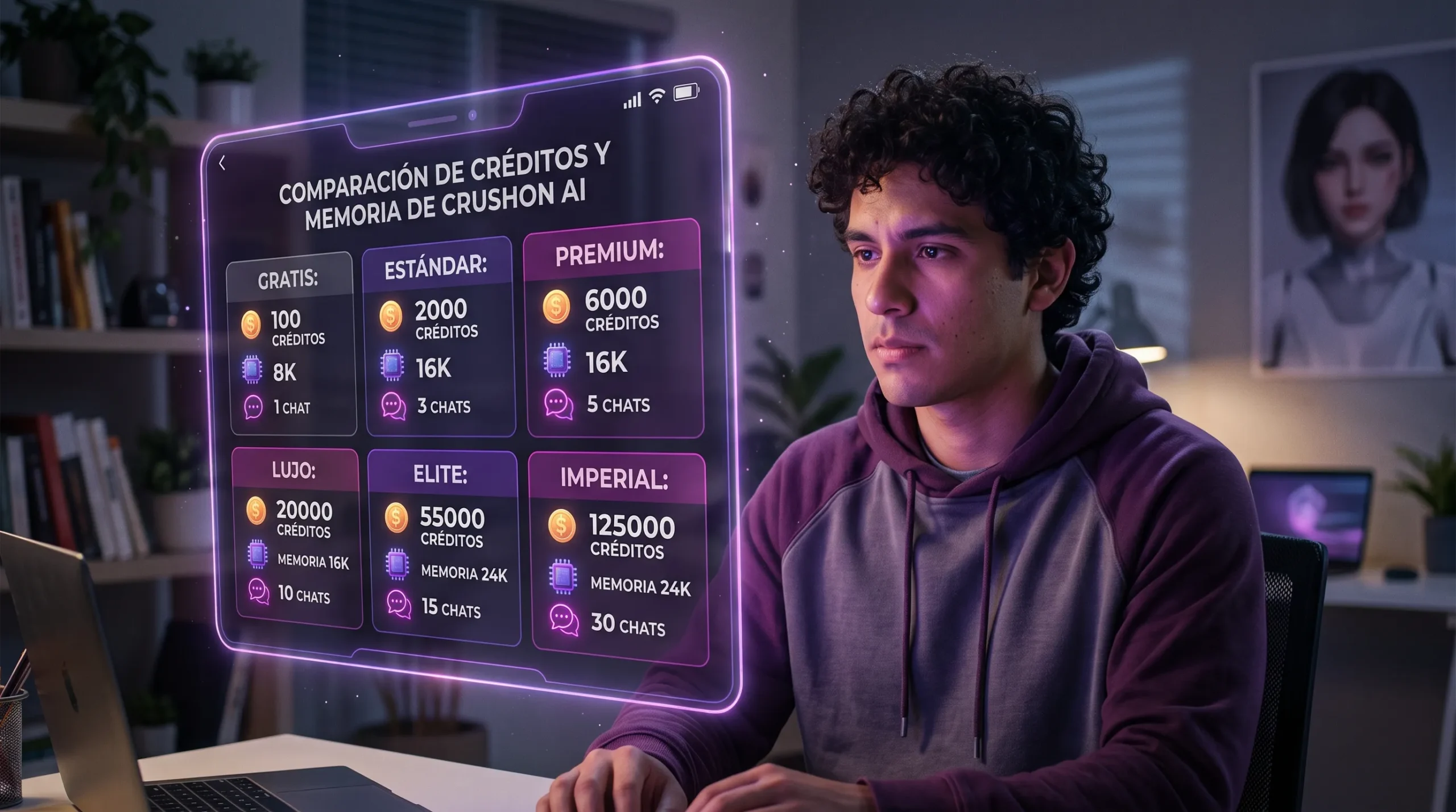 CrushOn AI créditos y memoria — comparativa 8K 16K 24K y chats simultáneos por plan