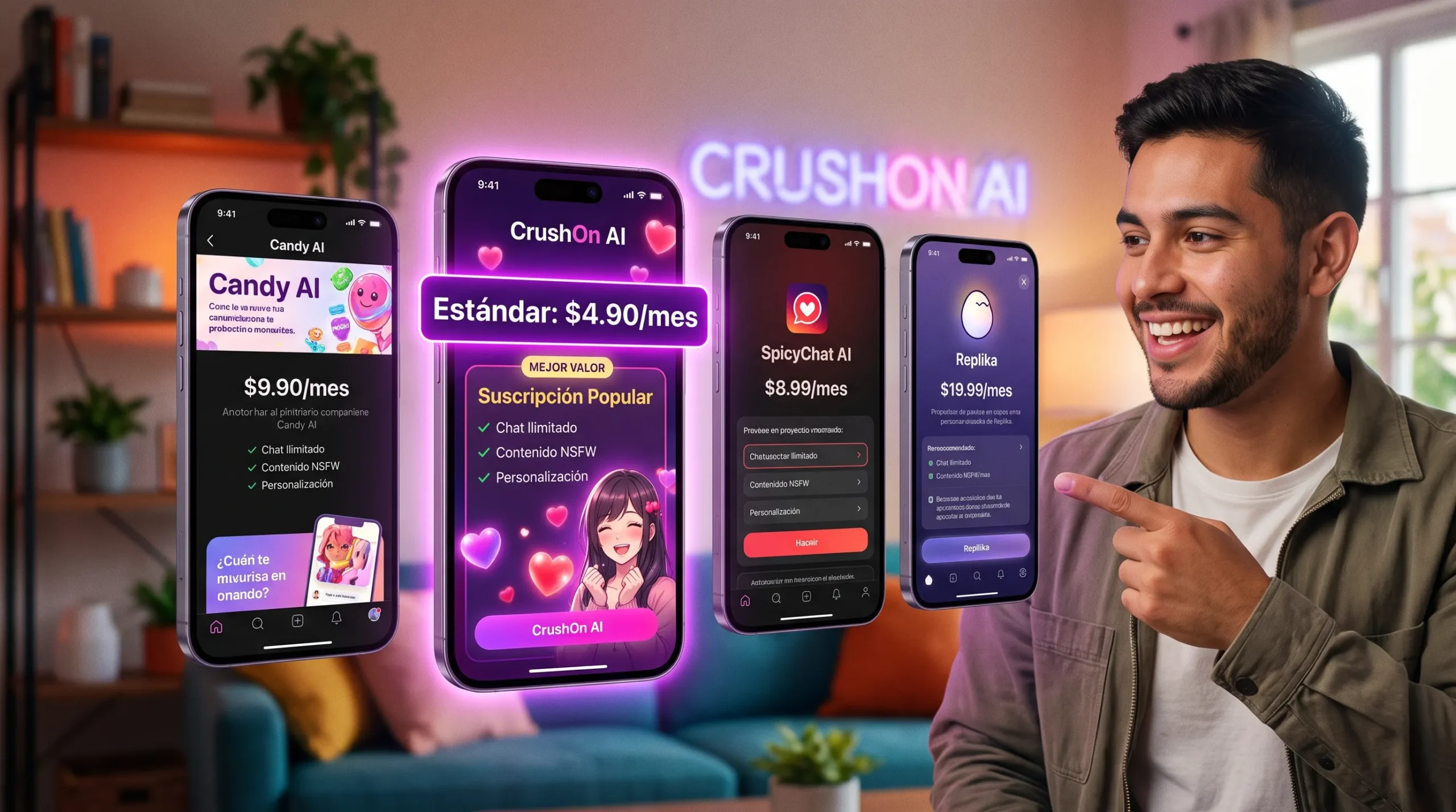 CrushOn AI vs alternativas — comparación con Candy AI SpicyChat Janitor AI y Replika 2026
