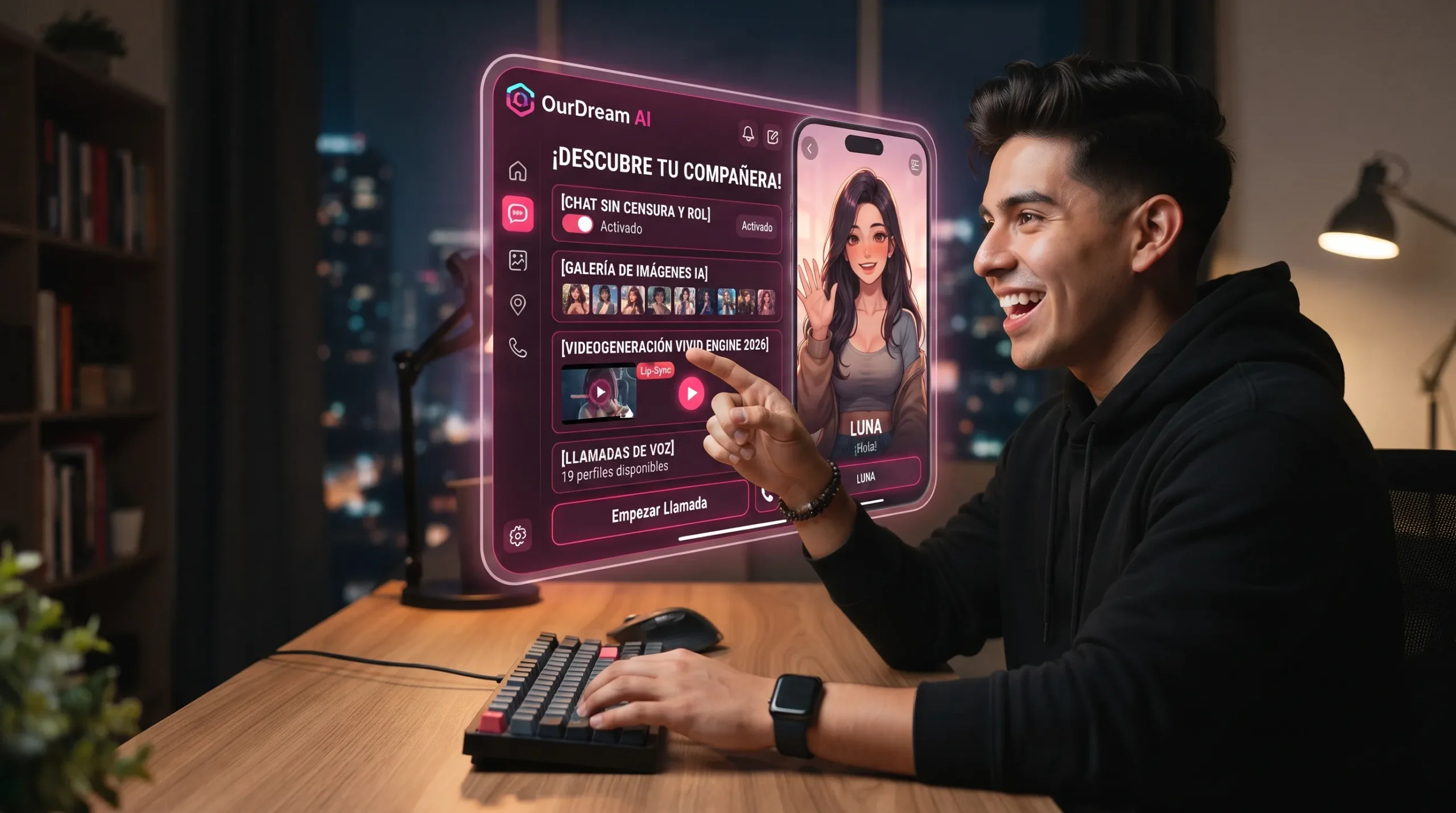OurDream AI características — chat sin censura vídeo con lip-sync 19 voces y generación de imágenes