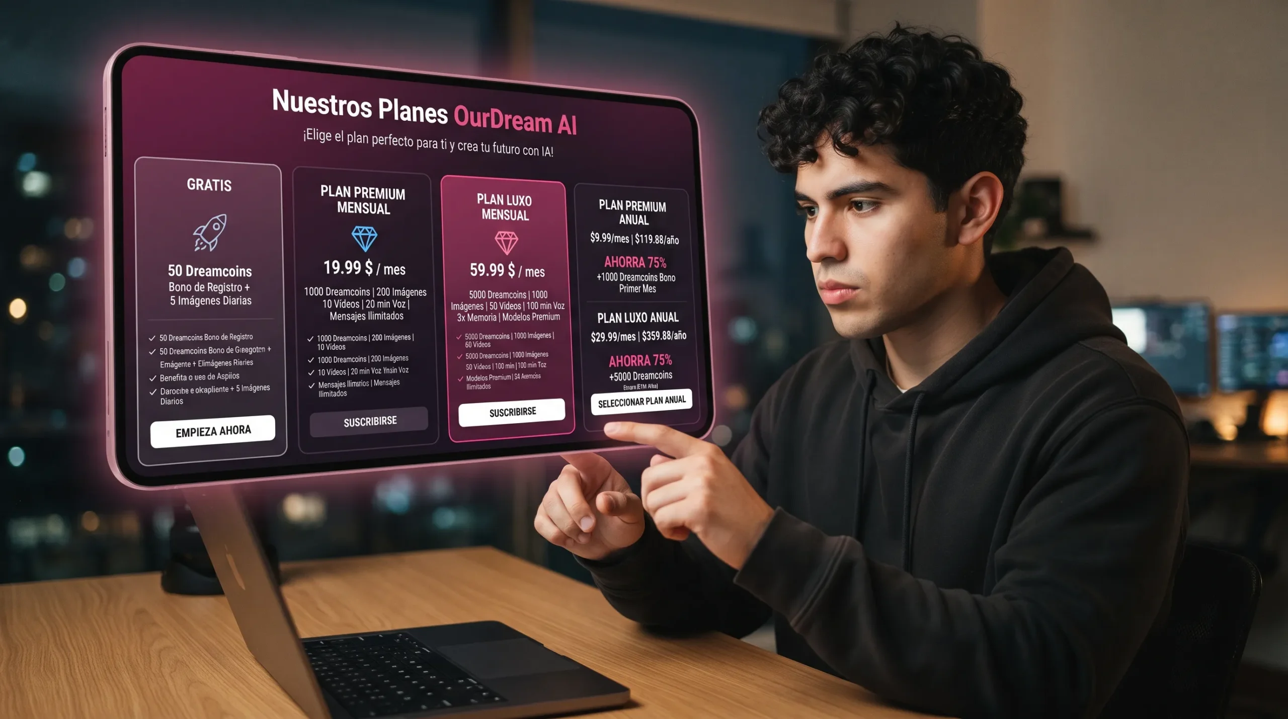 OurDream AI precios 2026 — Gratis 50 Dreamcoins Premium $19.99 o $9.99 anual Luxo $59.99 o $29.99 anual