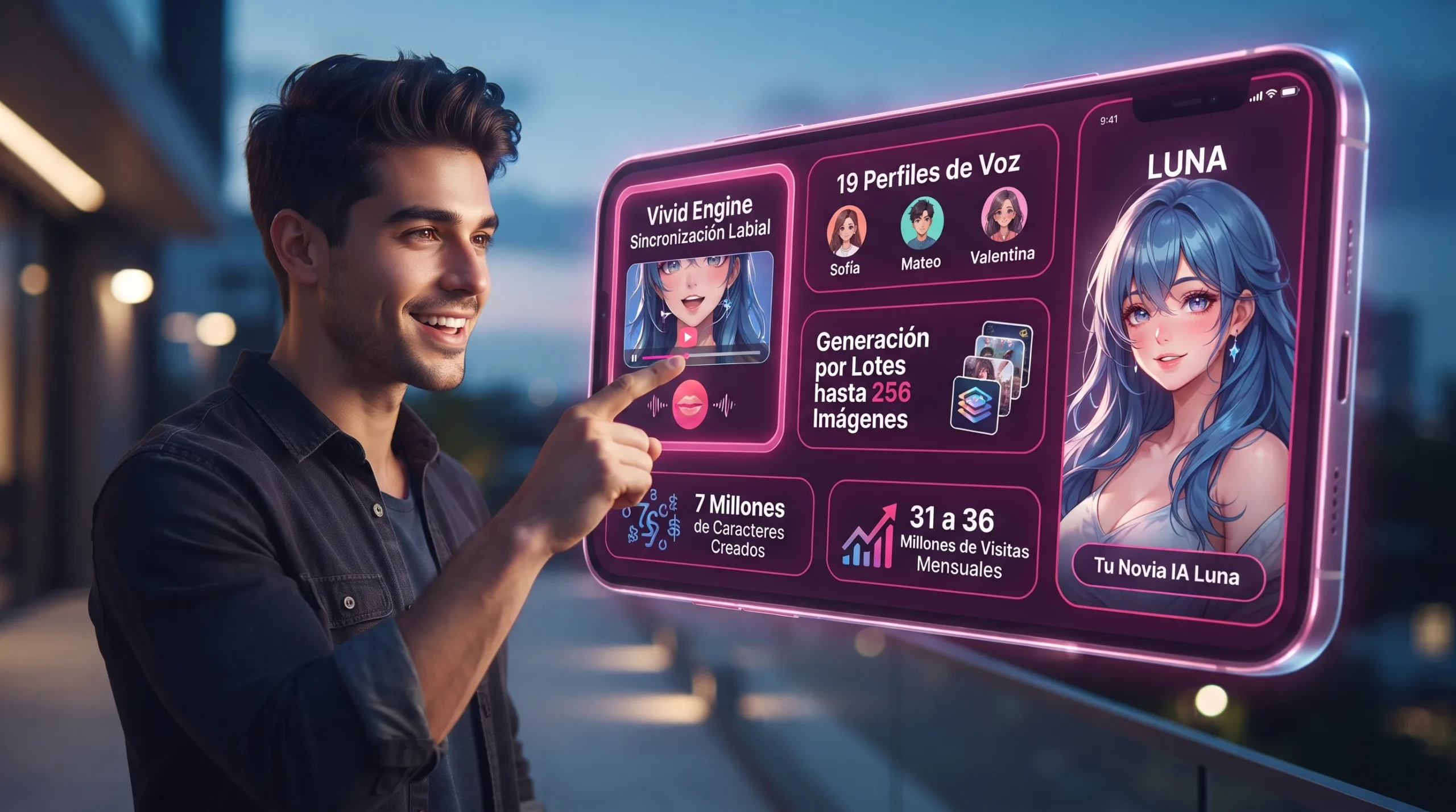 OurDream AI diferenciales 2026 — Vivid Engine lip-sync 256 imágenes en lote y 7 millones de personajes
