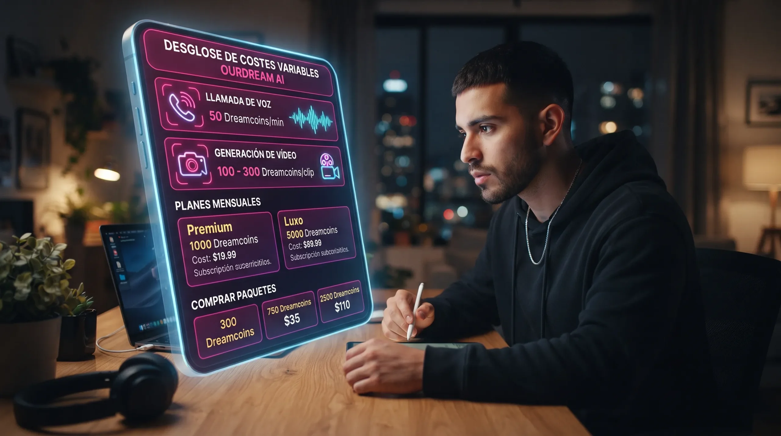 OurDream AI costes variables — llamadas de voz 50 Dreamcoins por minuto vídeo 100 a 300 Dreamcoins por clip