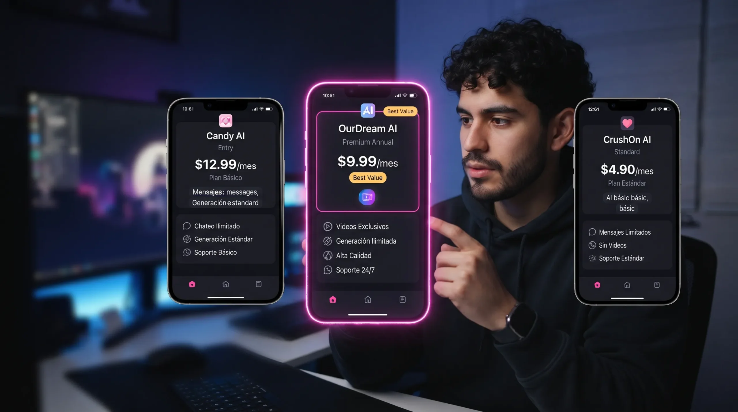 OurDream AI vs Candy AI $12.99 vs CrushOn AI $4.90 — comparación de precios y funciones 2026