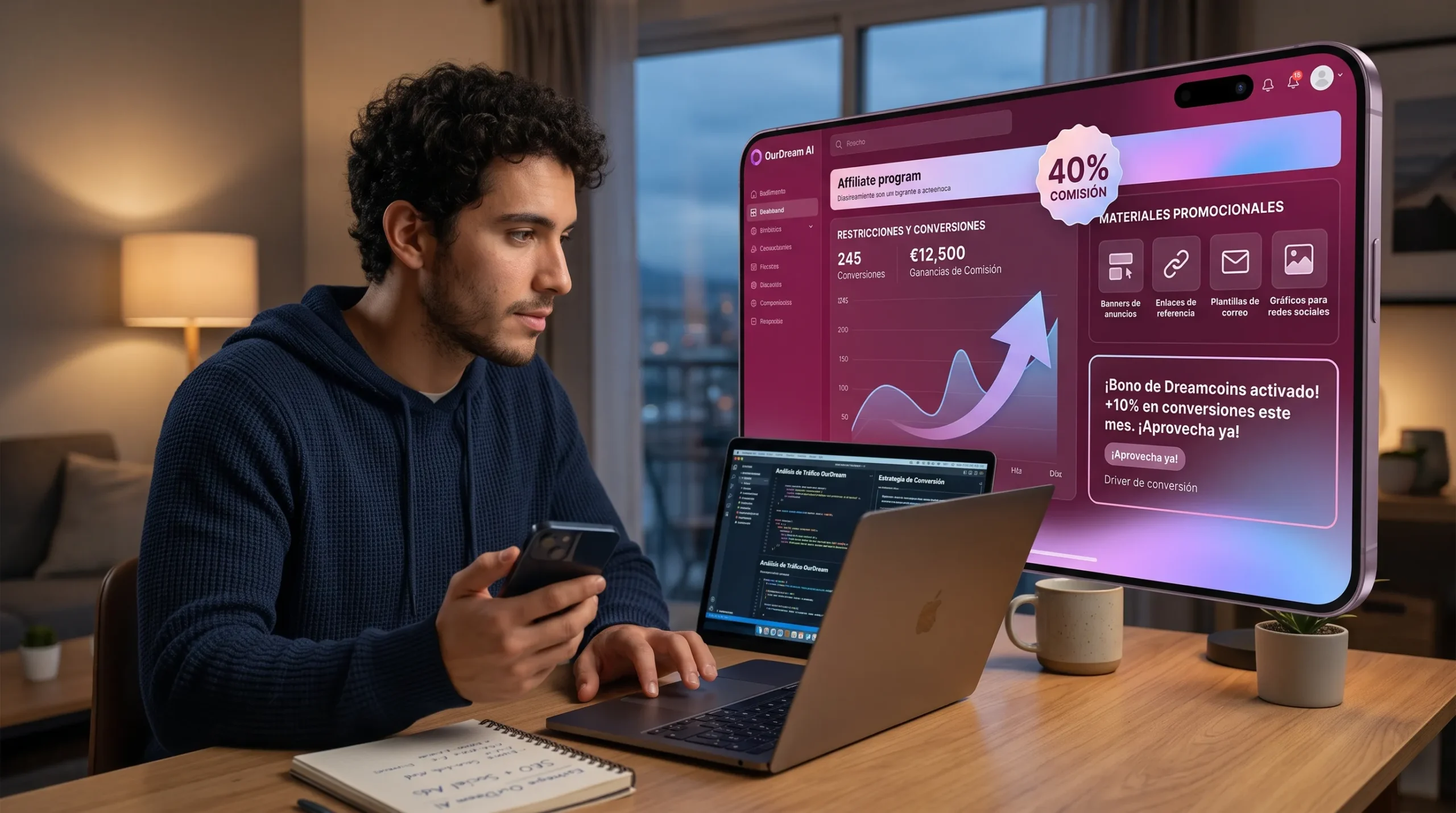 OurDream AI programa de afiliados — comisiones materiales promocionales y bonos Dreamcoins 2026